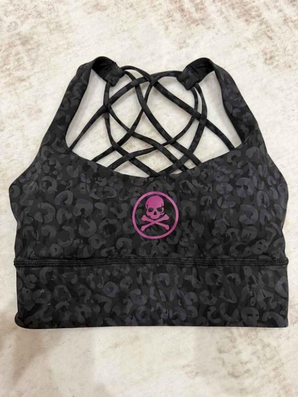 Lululemon x SoulCycle Black Leopard Pink Skull Strappy Sports Bra Size 6